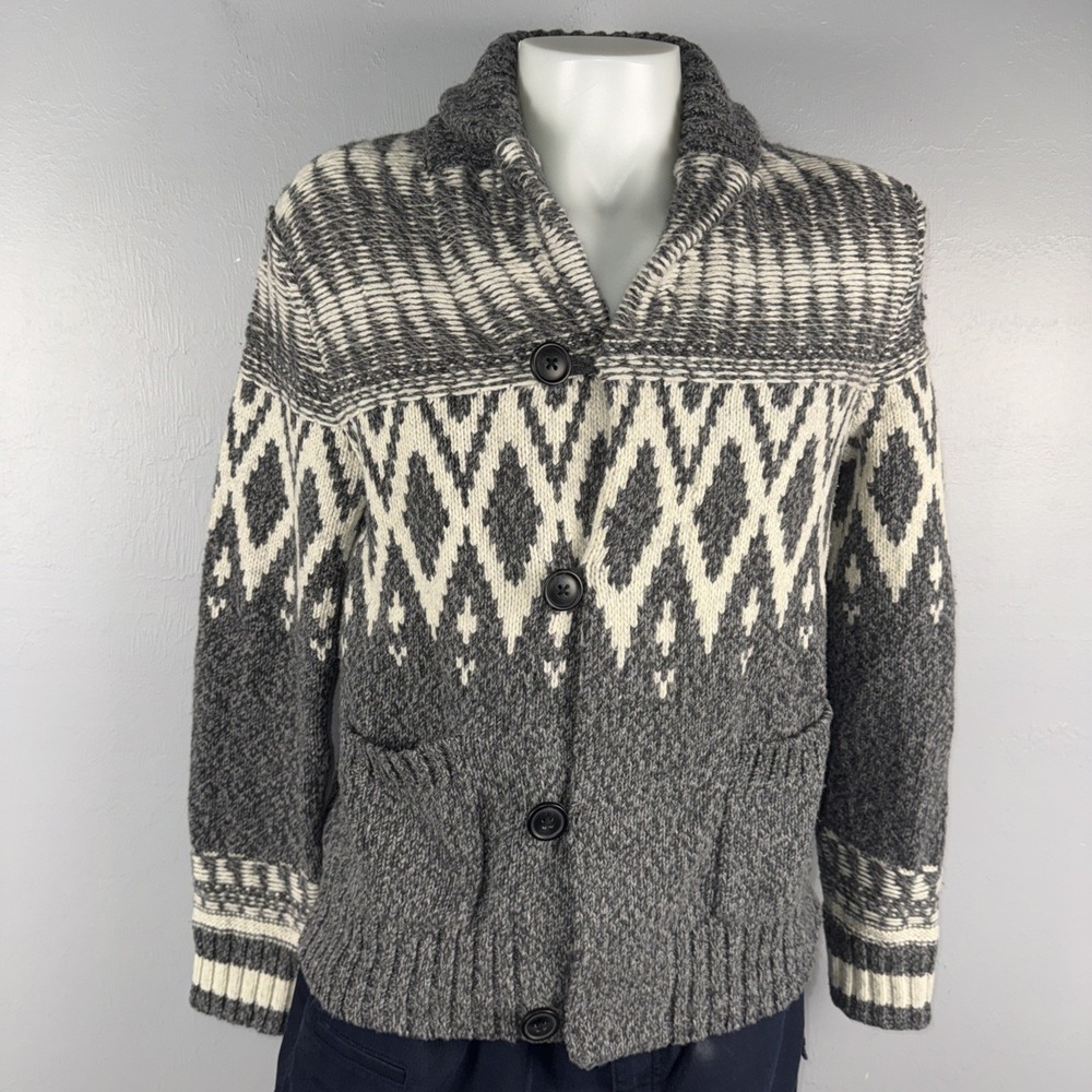 Gap Chunky jacquard Shawl Cardigan L Gray Cream Lambs Wool Blend Collar *READ